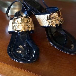 Tory Burch navy patent sandal with gold accents!